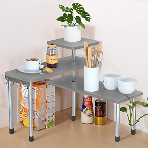 Jolitac 3 Tier Kitchen Corner Shelf Desktop Bamboo Shelving Organiser Spice Storage Rack, Space Saving Organizer Corner Bookshelf for Kitchen, Home, Office with Hooks (Grey)