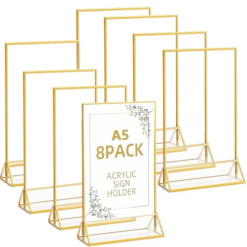 Acrylic Sign Holder, 8 Pack A5(14.8 x 21cm) Gold Frames Double-Sided, Table Menu Holder Display Stand, Clear Photo Display Menu for Wedding, Party, Home, Restaurant, Art Display