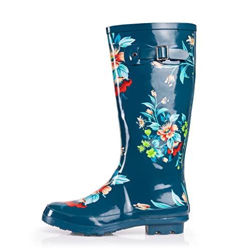 NORTY Waterproof Rain Boots for Women Size 6, Tall & High Calf Rain Shoes, Slip-Resistant, Comfortable Rainboots, Stylish Outdoor & Garden Boots, Glossy Blue Floral, 13.25” Shaft