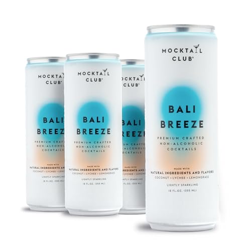 Mocktail Club Bali Breeze Sparkling Non-Alcoholic Cocktail 12oz (4pk), 50 Cals, Gluten-Free, No Artificial Ingredients, Zero Proof – with Coconut, Lychee & Lemongrass