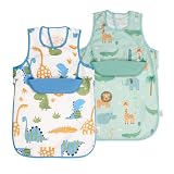 PERLETTI Bavaglini Impermeabili Bambini Tasca Silicone Raccoglipappa Staccabile - Bavaglino Svezzamento Senza Maniche - Grembiule Pappa Bavaglia Bambino Bambina Riutilizzabile (Set Azzurro + Verde)