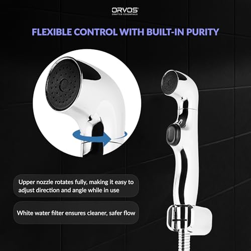 Image of Orvos Health Faucet, Swivel, ABS Outer Body with Brass Pin Inside, Chrome Color, with 1 to 1.2 Meter Extendable SS 304 Shower Hose and Wall Hook, 360 Degree Rotatable Top