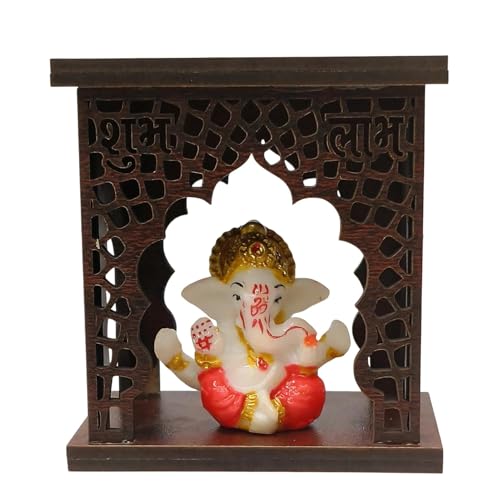 Image of EXPLEASIA Mukut Ganesha Idol with Wooden Temple with Rakhi for Home mandir Temple Car Dashboard Gift Items Festival Item showpiece