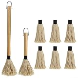 BBQ Basting Mop, Cotton Fiber Grill Brush with Long Wood Handle, 6 Replacement Heads Included, Dishwasher Safe Grilling Steak and Poultry(D)