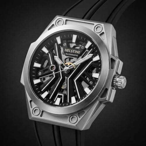 Image of Men's Automatic Mechanical Skeleton Watch, 48-Hour Power Reserve, Stainless Steel Case 47mm, Black Dial, Hardlex Glass, Luminous Hands, 5ATM Water Resistant, Silicone Strap