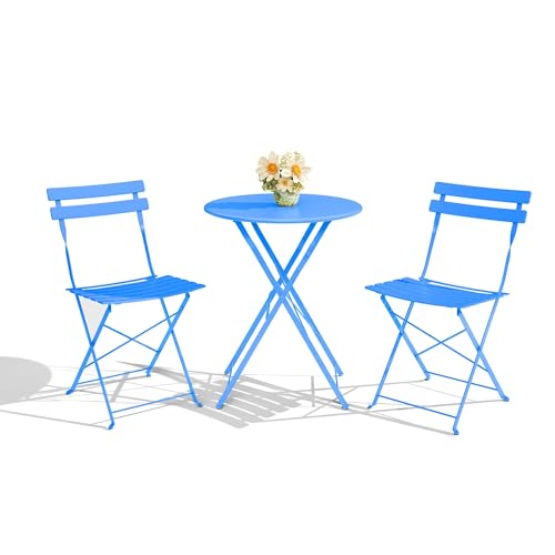 3-Piece Folding Bistro Set, Outdoor Patio Furniture Set with 2 Chairs & 1 Table, Space-Saving Foldable Balcony Garden Set with Heavy-Duty Powder-Coated Steel Frame, No Assembly Required, Blu