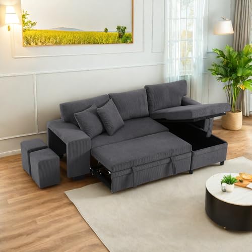 Wyibwy Sofá plegable de 3 plazas con función cama y puerto USB y tipo C, sofá esquinero en forma de L con estantes laterales y 2 reposapiés, sofá transformable con compartimento de almacenamiento