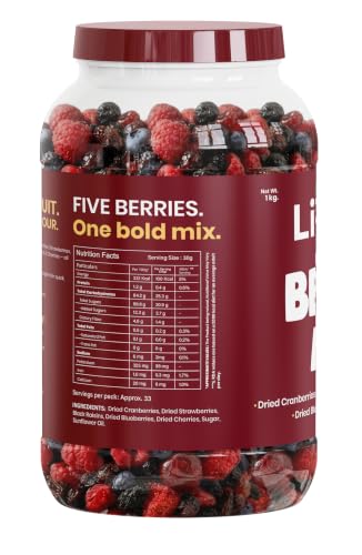 Image of Livyor 5 in 1 Berry Mix for eating - 1kg | Good Source of Fibre | Dried Cranberries | Black Raisins | Cherries | Blueberries | Strawberries | Berry Blast | Berries dry fruits | Berries fresh | Pack of 1
