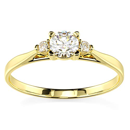 14K Yellow Gold Round Center Stone White CZ 3 Three Stone Engagement Ring