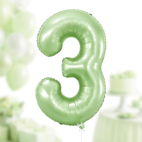 Image of Katchon, 40 Inch Sage Green Number 3 Balloon For 3rd Birthday Decorations