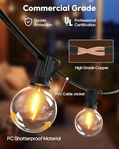 Image of LITVERSE String Lights for Outside 50 FT, Outdoor Lights for Patio with 50 + 1 Shatterproof LED Edison Bulbs, G40 Waterproof Connectable Hanging Lights for Backyard Bistro Party Balcony