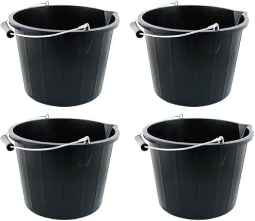 (𝐒𝐞𝐭 𝐨𝐟 𝟒) Black 14 Litre Plastic Builders Buckets 3 Gallon Water Cement Mixing Storage Bucket with Strong Metal Handle Construction Animal Feeding Car Wash Cleaning Bucket
