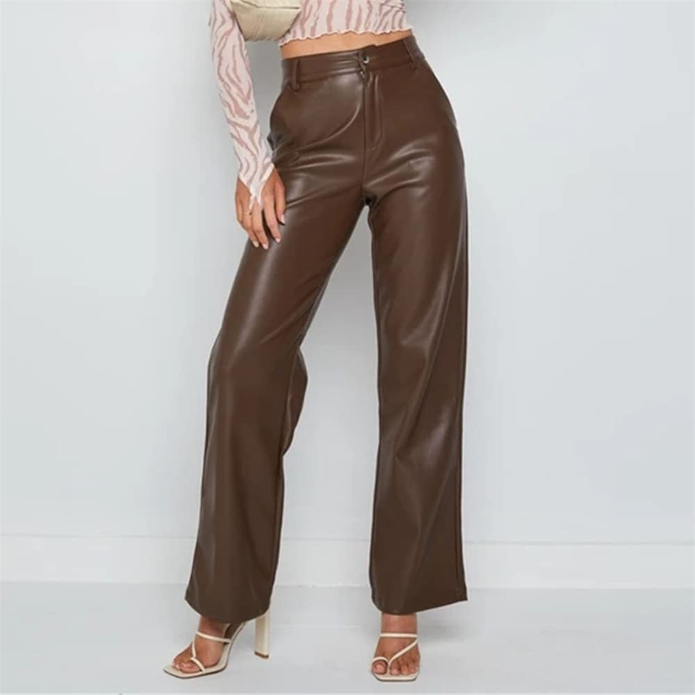 Leggings Frauen Hohe Taille Pu Lange Lederhosen Lässige Leder -Weitbeinhosen-Green,S