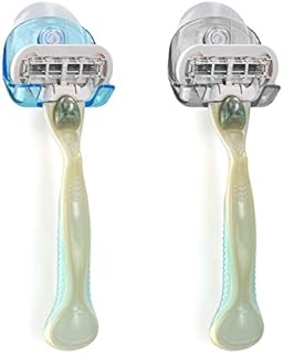 kwmobile 2X Razor Holder with Suction Cup - Self-Adhesive Shaver Wall Mount - Bathroom Organizer for Glass and Tiles - Black/Light Blue/Transparent
