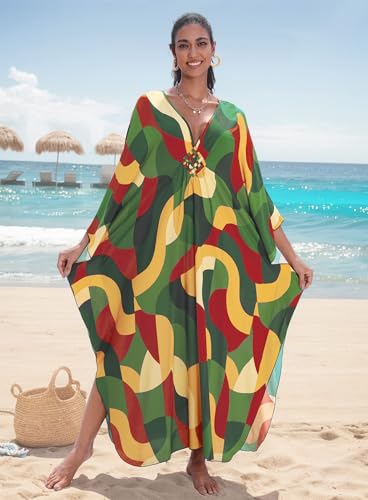 Image of Yanziliu Kaftan Dress for Women,Plus Size Hawaiian Batwing Sleeve Beach Cover Up Summer Swimsuit Dresses