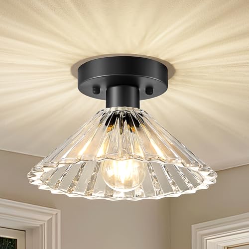 Kvhiiw Modern Round Glass Ceiling Light, Mid-Century Lighting Fixtures, Black Semi Flush Mount Ceiling Light for Hallway, Kitchen, Laundry Room, Bathroom, Entryway