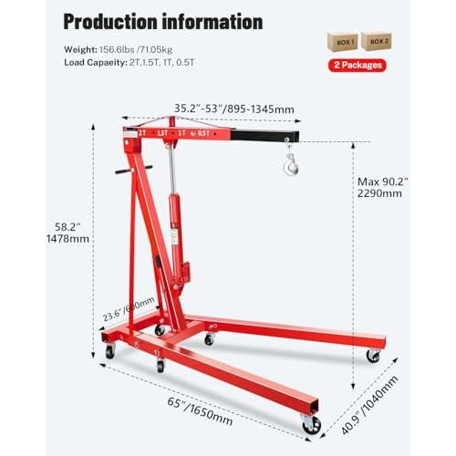 Garvee 2 Ton Engine Hoist Cherry Picker, 4400 Lbs Capacity with 6 Steel Casters & Foldable Design - Heavy-Duty Portable Hydraulic Crane for Truck Engi