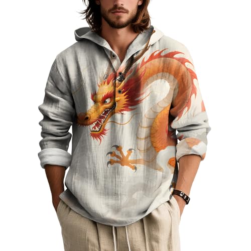 Men's Watercolor Dragon Hoodie Long Sleeve Button Down Vintage Oversized Casual Plus Size Zen Style Fall Sweatshirt