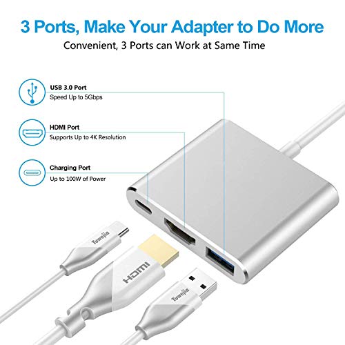 DEMKICO Adaptateur USB C vers HDMI 4K, Adaptateur Type C Hub vers HDMI câble avec Port USB 3.0, Port de Chargement PD Type-C Compatible avec MacBook/iMac/iPad Pro/Samsung Galaxy S8/S9 /ChromeBook