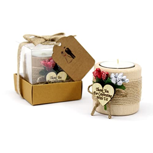 10 Pcs Shawly Sisters Handmade Wooden Wedding Favors Candle and Tealight Holders, Cylinder Shaped Wood Candleholders, Engagement Gifts, Bridal Shower Favors for Guests (Silver-Red, Natural Wood)