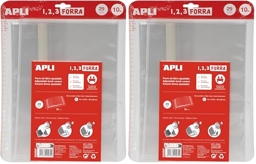 APLI 20282 - Pack de 10 forros de libro con solapa ajustable de polipropileno. Medida 29 x 53 cm, 75 µ. (Paquete de 2)