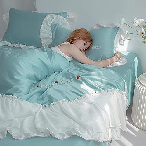Washing Real Silk Solid Color Princess Style Summer Cool Airable Cover Skin Comfortable Summer Quilt Four Piece Set Quilt Set (Colour: Color05 Size: 200 x 230 cm 4pcs) (Color05 200 x 230 cm) image 5