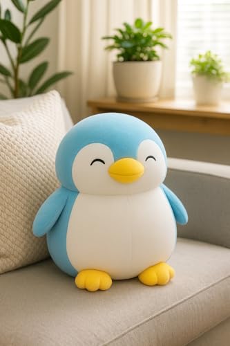 Image of Blue Penguin Plush Stuffed Animal, Cute Smiling Face Design with Yellow Beak and Feet, Soft Cuddly Toy for Kids (Penguin BLUE-28CM)