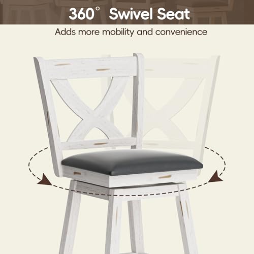 Image of MU Swivel Bar Stools Set of 2, 29 inch Bar Height Kitchen Island Chairs with Back, Upholstered Seat Barstool with Solid Wood Legs & Footrest, Counter Stools for Pub, Bar, Restaurant (Antique White)