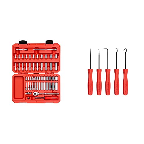 Tekton 1/4 Inch Drive 6-Point Socket And Ratchet Set, 55-Piece (5/32-9/16 In., 4-14 Mm) | Skt05301 & Pick And Hook Set (5-Piece) | Pnh90101 #TOP17