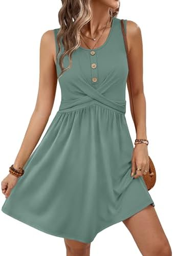 OFEEFAN Sundresses for Women Casual Dresses for Women Spring Babydoll Dress Button Down Cruise Outfits Classy Green M