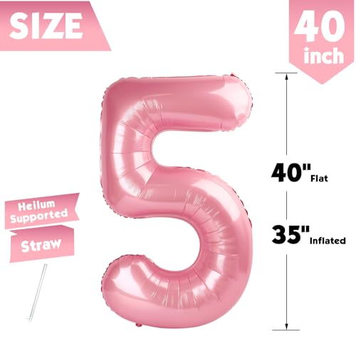 Image of 40 Inch Pastel Pink Number 5 Balloon, 5th Birthday Party Decorations