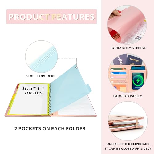 clipboard with storage for men women leather padfolio portfolio organizer 5 folders with 10 pockets spiral clipboard folio with notepad for letter size elastic closure and pen loop rose gold