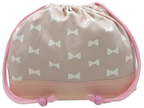 miwaki お弁当袋 巾着袋 中 女の子 お弁当入れ コップ入れ 小学校 幼稚園 保育園 日本製 手作り お名前タグ付き シンプル くすみカラー リボン ピンク M