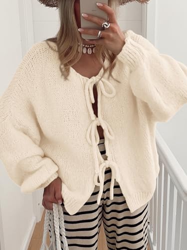 MASCOMODA 2025 Bow Tie Front Cardigan Sweaters for Women Fall Winter Oversized Long Sleeve Open Front Chunky Sweater Coats3