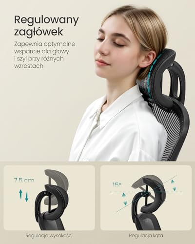 SONGMICS ergonomiczne krzesło biurowe, krzesło biurowe, krzesło obrotowe z siatką, wyściełane podparcie lędźwiowe, funkcja bujaka, siedzisko 53 cm, składane podłokietniki, atrament czarny OBN047B01