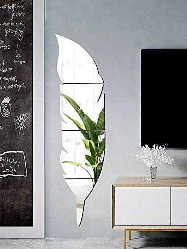 Image of Bikri Kendra - Solid Plume Feather Silver Mirror Stickers For Wall,Wall Mirror Stickers,3D Acrylic Stickers,Wall Stickers For Hall Room,Living Room Bed Room,Kitchen (Silversolid) - Glass,Irregular