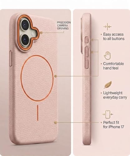 Image of amazon basics Luxury MagSafe Compatible Leather Texture Back Cover for iPhone 17 | Raised Camera Protection | Slim Fit Shockproof Case with Metallic Accents (Pink)