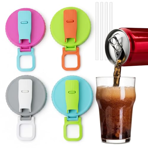 4 Pack Soda Can Lids with Silicone Straw Reusable Soda Can Covers to Keep Carbonation Leak-Proof BPA-Free Can Tops for 2.13 Standard Soda Beer & Energy Drink Cans (4 Color)
