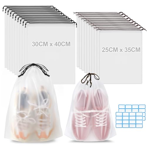 20 Stück Schuhbeutel Reise, Transparente Schuhtasche mit Zugband, PE Aufbewahrungstasche Schuhbeutel Koffer, Reiseutensilien Zubehör Urlaub, Shoe Bag für Männer und Frauen (40x30cm/35x25cm)
