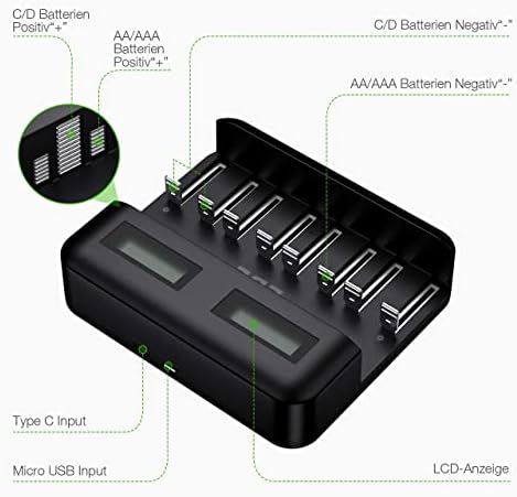 EBL LCD Universal Battery Charger for AA AAA C D Rechargeable Batteries Ni-MH with 2A USB Port, Type C Input, 8 Bay Fast AA AAA Battery Charger(9008)