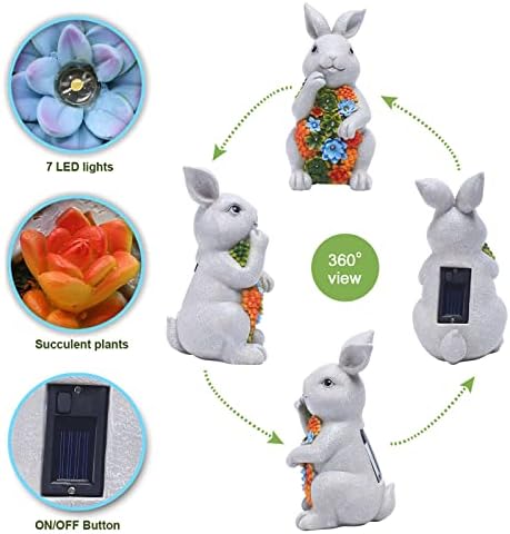 Goodeco Rabbit Statue Solar Garden Ornaments Outdoor Decor Waterproof Resin Rabbit Figurines with Succulent 7 LED Solar Lights Animal Sculpture Gifts Decorations for Home Yard Patio Lawn Ornament 20CM