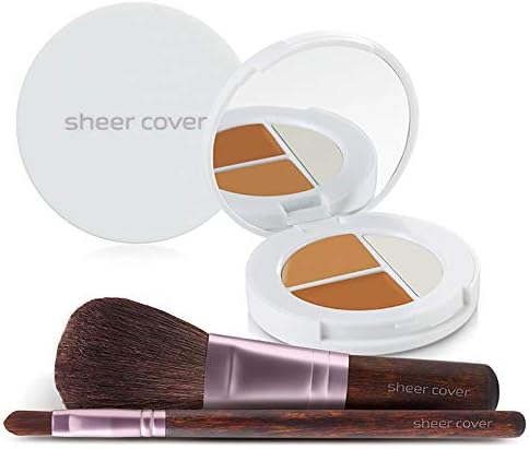 Sheer Cover – Flawless Face Kit – Perfect Shade Mineral Foundation – Conceal & Brighten Highlight Trio – with FREE Foundation Brush and Concealer Brush – Dark Shade – 4 Pieces