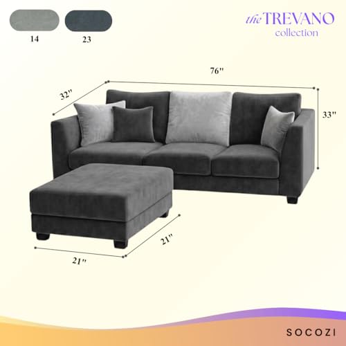 Image of SOCOZI Trevano 4 Seater L Shape Sofa Set with Movable Ottoman | Flexible Left or Right Layout | Soft Velvet Suede Fabric | Modern Design | Plush Comfort Cushions for Living Room (Dark Gray-Light Gray)