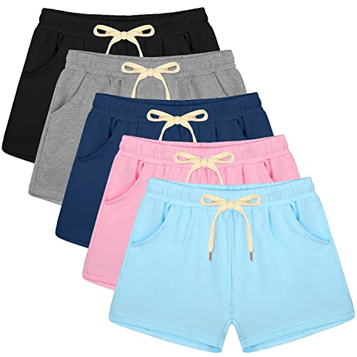 Poroka 5 Pack Girls Athletic Shorts Active Performance Shorts Kids Summer Sports Shorts Running Yoga Shorts With Drawstring #TOP29