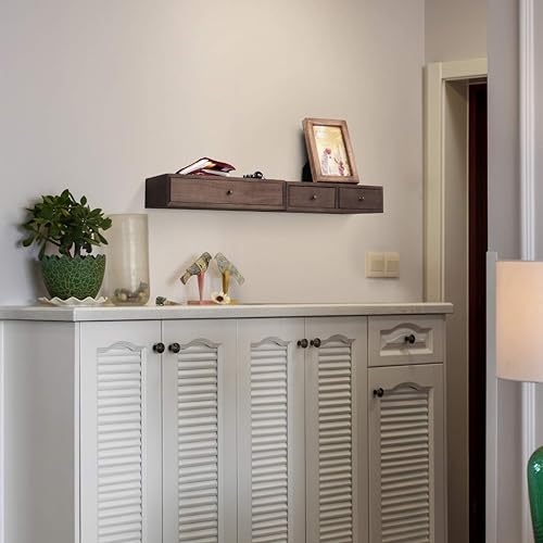 Image of WOOYNEX Floating Shelves With Drawers: Wood Wall Shelves /Cabinets For Storage And Exhibition; Doubles As A Bedside Or Nightstand Set Of 2 In Vintage- Brown (Brown), 15X40X10 Cm