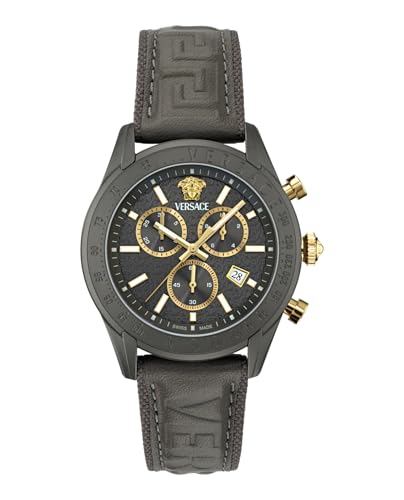 Versace Chrono Master Collection Luxury Mens Watch Timepieces with a Grey Strap and Dial Featuring a Gun Case