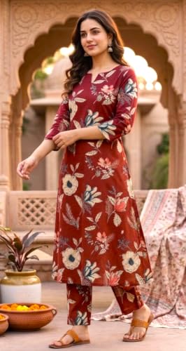 Image of CREATION & YOU Women's Pure Cotton Floral Printed Kurta with Palazzo Pants | Ethnic Set | Kurti Set for Women | Cotton Cord Set for Women