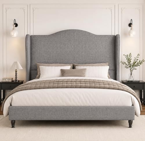 Feuorlwe Queen Size Bed Frame with 50.4" Tall Wingback Headboard, Upholstered Platform Bed Frame with Arched Tufted Design, No Box Spring Needed, 1000lbs Heavy Duty Support, Easy Assembly, Light Grey