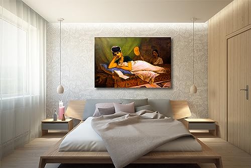 Image of Sikhash Raja Ravi Varma Canvas Paintings Classic Art, Indian Art, Famous Artist, Wall Painting for Living Room, Bedroom, Office, Unframed, Multicolor Fabric Size - 12x8 inches (30x20 cms, Reclining Nayar lady)