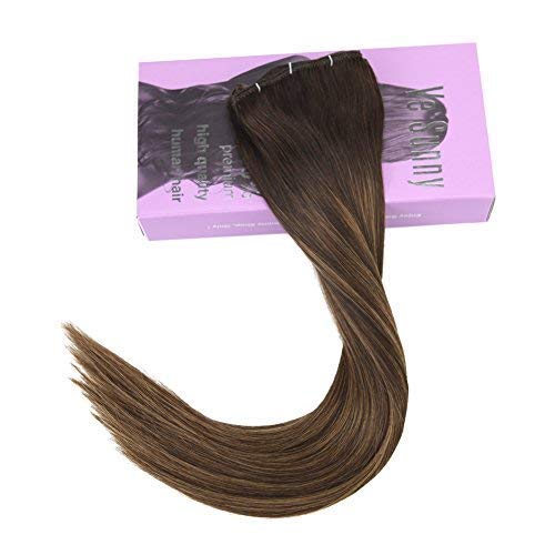 VeSunny 14" Brown Clip in Hair Extensions Balayage Color #2 Darkest Brown Fading to #6 Medium Brown Mix #2 Brown Ombre Clip in Hair Extensions Double Weft Real Human Hair 7Pcs/120G